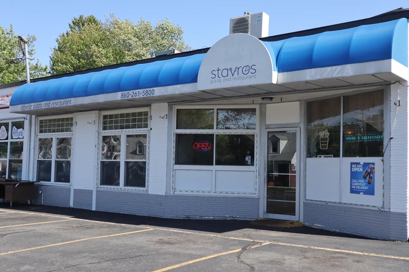 The Stavros Pizza and Restaurant storefront in Plainville, Connecticut